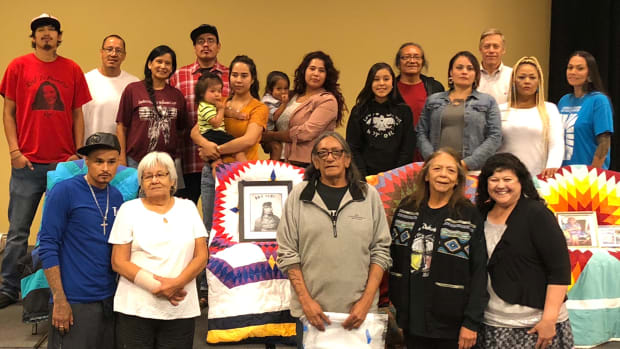 The group is comprised of descendants of Marpiya te najin, Jeff Bolton who recently retired Chief Administrative Officer of Mayo Clinic, and Valerie Guimaraes from the trip to Santee, Nebraska. (Photo courtesy of Valerie Guimaraes)