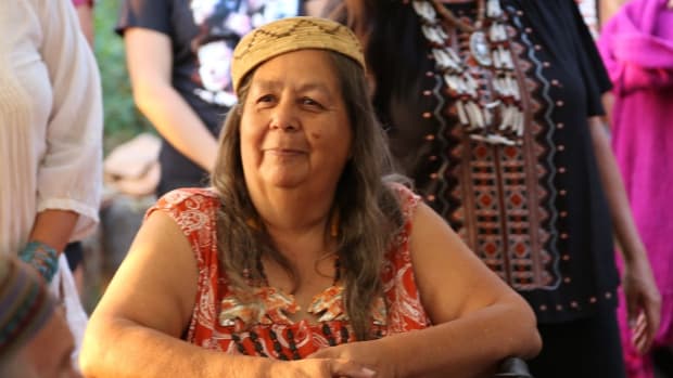 Tongva elder Julia Bogany - who worked tirelessly for the Gabrieleno Tongva Mission Band of Indians to keep preserve their culture and language - died on March 28, 2021 of complications from a stroke. She is shown here celebrating her birthday in 2018 at the Wishtoyo Chumash Foundation. (Photo courtesy of Pitzer College)