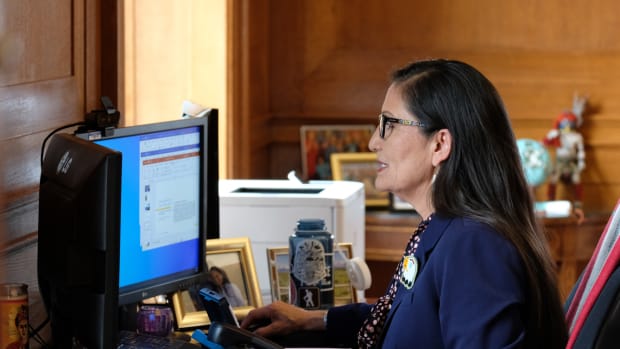 Interior Secretary Deb Haaland, Laguna Pueblo, on a virtual meeting March 25, 2021. "Today I was honored to join the first of three Tribal consultations @Interior is hosting on funding from the American Rescue Plan. Not only will these funds help weather this storm, they will also address the long standing issues that put Native communities so far behind," she said on her Twitter. (Interior Secretary Deb Haaland via Twitter)