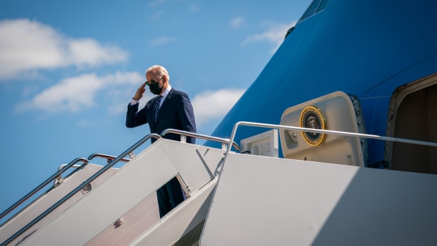 President Joe Biden disembarks Air Force One at Chennault International Airport in Lake Charles, Louisiana, Thursday, May 6, 2021. (Official White House Photo by Adam Schultz)