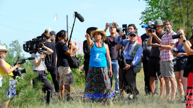 Winona LaDuke, director of Honor the Earth, an Indigenous environmental advocacy organization, takes journalists on a tour of Enbridge's Line 3 construction sites near Park Rapids, Minnesota, on June 7, 2021. (Photo by Mary Annette Pember/Indian Country Today)