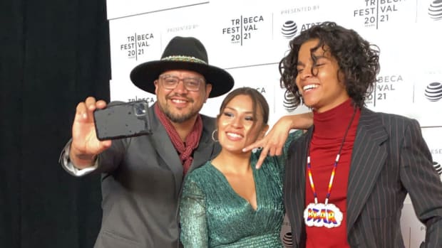 Sterlin Harjo, Paulina Alexis, and D'Pharaoh Woon-A-Tai at the premiere of Reservation Dogs on June 15, 2021. (Photo courtesy of Meghan Sullivan, Indian Country Today)