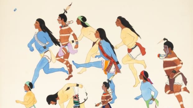 Jose Rey Toledo, A Stick Race, ca. 1935-1940, watercolor, ink, and pencil on paper, Smithsonian American Art Museum, Transfer from the General Services Administration, 1985.65.37 (Image courtesy of the Smithsonian)
