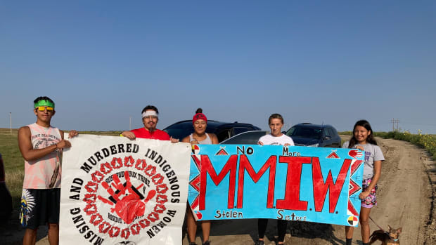 Banners hoisted at the Rosebud Indian Reservation bring attention to Missing and Murdered Indigenous Women and to recognize the #MMIWBIKERUNUSA2021. The relay went through Rosebud on Sept. 4-5, 2021, on the way to Washington, D.C. (Photo by Vi Waln for Indian Country Today)