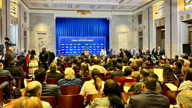 Tribal leaders getting ready for Day One of the 2022 White House Tribal Nations Summit to begin in the Sidney Yates Auditorium at the Department of Interior in Washington, D.C. on November 30, 2022. (Jourdan Bennett-Begaye, ICT)