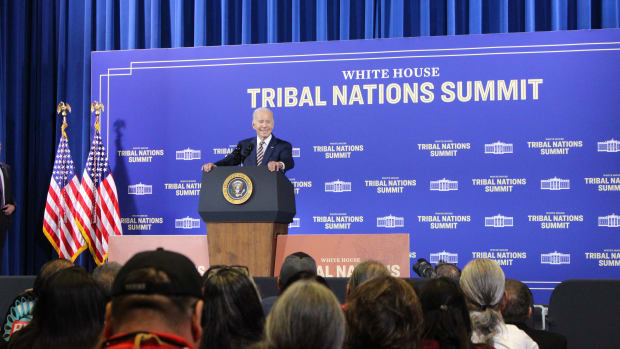 President Joe Biden address more than 300 tribal leaders at the 2022 White House Tribal Nations Summit in Washington, D.C., on November 30, 2022. (Jourdan Bennett-Begaye/ICT)