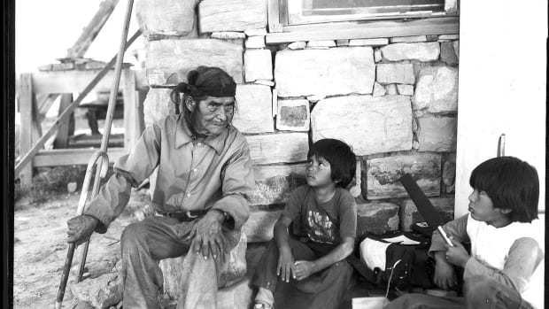 Hopi elder Ross Macaya and children from "Itam Hakim, Hopiit" by director Victor Masayesva Jr. (Photo permission of the filmmaker)