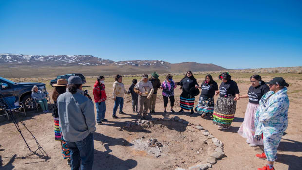 Pictured: Reno-Sparks Indian Colony tribal members pray, sing, dance at Thacker Pass.