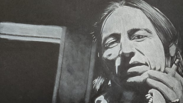 This portrait by artist Wovoka Trudell, Santee Dakota, of his father — storied political activist, poet and musician John Trudell. Wovoka Trudell is hosting an exhibit of the portraits he has done of his father on Jan. 13-28, 2023 at his OneSixSix gallery in Las Vegas, New Mexico. John Trudell was a leader in the American Indian Movement and went on to perform his poems and music with his band, Bad Dog. He died in 2015. (Photo courtesy of Wovoka Trudell)