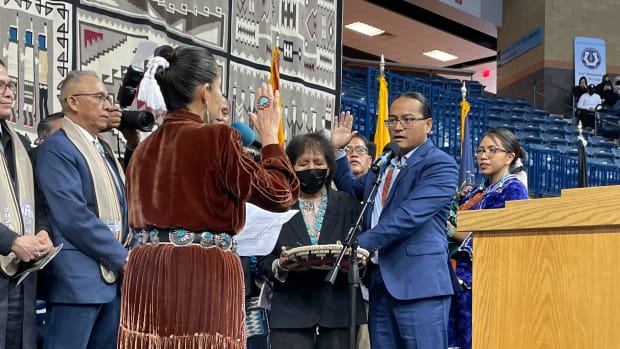Buu Van Nygren is sworn in as Navajo Nation president during a ceremony, Jan. 10, 2023 in Fort Defiance, Arizona. Van Nygren is the youngest person elected to the position. (Pauly Denetclaw, ICT)