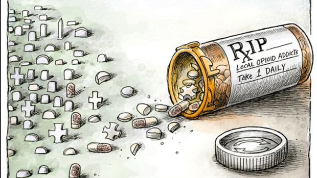 RIP opioid addicts editorial cartoon by Dave Adam Zyglis, The Buffalo News, 2016 (Courtesy of Creative Commons)