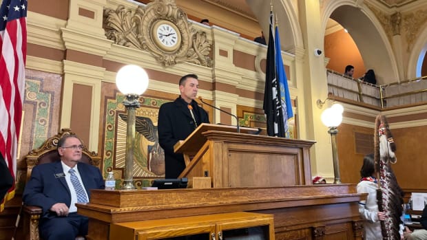 Crow Creek Sioux Tribe Chairman Peter Lengkeek delivers the annual State of the Tribes address to lawmakers on Jan. 12, 2023, at the Capitol in Pierre. (Joshua Haiar/South Dakota Searchlight)