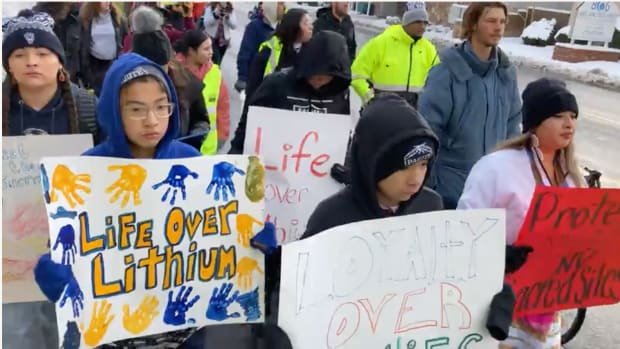 Supporters of Protect PeeHee Mu’Huh / Thacker Pass march outside of the the Bruce R. Thompson Courthouse and Federal Building on January 5th, 2023. (Photo courtesy: Reno-Sparks Indian Colony)