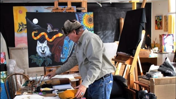 Visual artist, curator and writer G. Peter Jemison, who received the 2023 Johnson Fellowship from Americans for the Arts, works in his studio in New York State. Jemison, Seneca Nation, was recognized for his decades of work in rural and tribal communities. (Photo courtesy G. Peter Jemison)