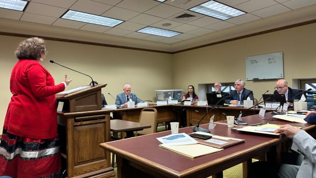 Montana state Sen. Susan Webber, a Browning Democrat, testifies on behalf of SJ6, to recognize a day of remembrance for Indigenous people who died at Indian boarding schools run by the federal government. (Photo by Blair Miller, Daily Montanan)