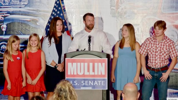 U.S. Rep Markwayne Mullin and his family at his U.S. Senate watch party in Tulsa, Oklahoma on June 28, 2022. (Photo via Facebook)