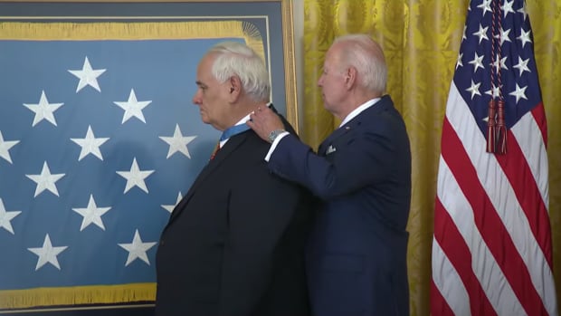 Dwight Birdwell, Cherokee, receiving the Medal of Honor at a White House ceremony on July 5, 2022. (Screengrab, White House YouTube)