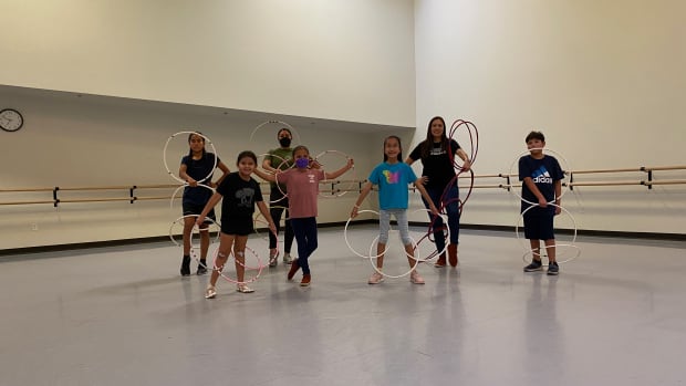 Urban Indigenous youth are learning the healing ways of the hoop dance in Phoenix, Arizona. The instructors are Eva Bighorse and Ginger Sykes Torres. This photo was taken on Wednesday, July 13, 2022 at Ballet Arizona.  (Photo by Aliyah Chavez)