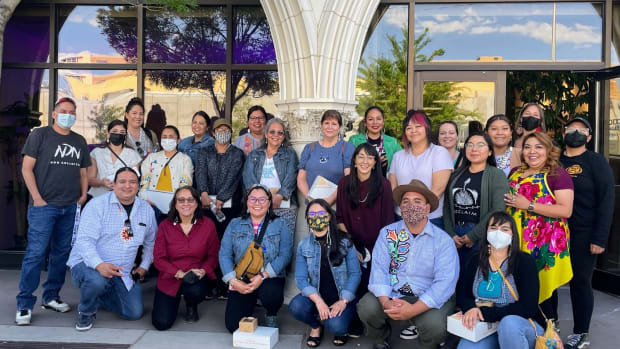 “The Future is Indigenous Women” collaborators stand in front of NMCCAP headquarters in Albuquerque, New Mexico. (Photo courtesy of Kalika Tallou Davis)