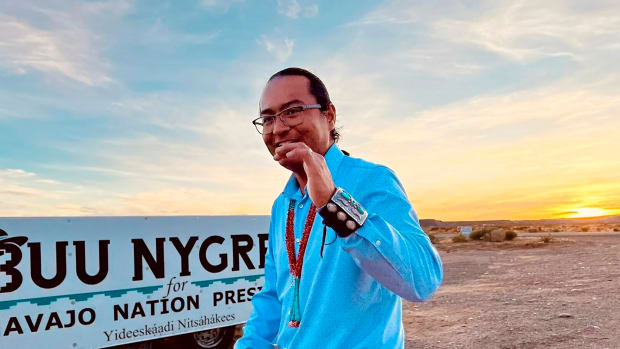 This photo provided by Larry Price shows Buu Nygren in his campaign for president of the Navajo Nation on Tuesday, Aug. 2, 2022, in Red Mesa, Arizona. Navajos were voting to decide which two of 15 presidential hopefuls to advance to the tribe's general election in November. (Larry Price via AP)
