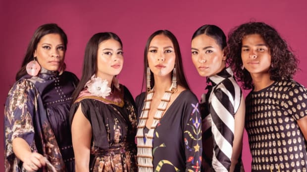 Sante Fe Indian Market's Indigenous fashion show models in 2022  included, from left, Cara Jane Myers, Amber Midthunder, Quannah Chasinghorse, Jessica Matten and D'Pharoah Woon-A-Tai (Photo courtesy of Southwestern Association for Indian Arts)