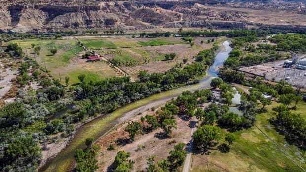 The Animas River flows in Farmington, N.M., on July 22, 2020. The river is a tributary of the San Juan River, part of the Colorado River System. (Anthony Jackson/The Albuquerque Journal via AP)