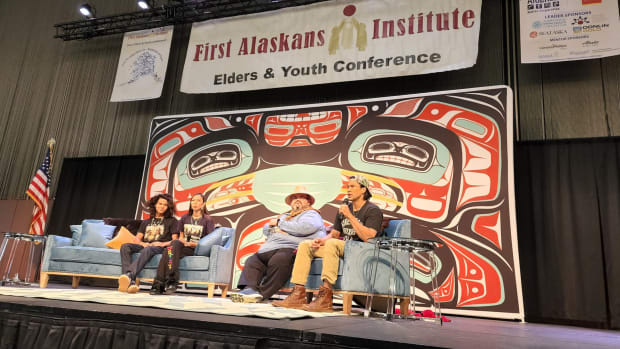(Second from right), Host Central Council of Tlingit and Haida Indian Tribes of Alaska President Chalyee Éesh Richard Peterson (Haida/Lingít) talks with (left to right) D'Pharoah Woon-A-Tai Oji-Cree Anishinaabe; Quannah Chasinghorse-Potts, Hän Gwich'in/Oglala Lakota; and Martin Sensmeier, Lingít/Koyukon, about the things that ground them as Indigenous artists. (Photo credit: First Alaskans Institute).