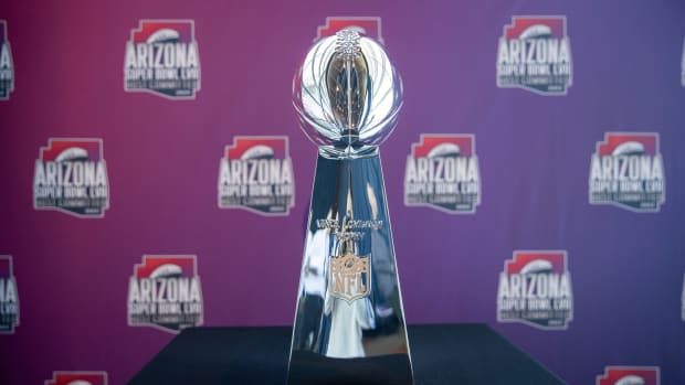 The Vince Lombardi Trophy, awarded each year to the Super Bowl winner, made a special appearance in Tempe Monday during a press conference for the February game in Glendale. (Photo by Susan Wong/Cronkite News)