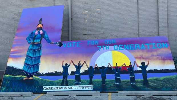 On Oct. 21, 2022 Wisconsin Native Vote unveiled the "Protect Our Future" mural by Ho-Chunk/Ojibwe artist Christopher Sweet at the Gerald L. Ignace Indian Health Center, Inc. (Photo courtesy of Ho-Chunk Nation Facebook page)