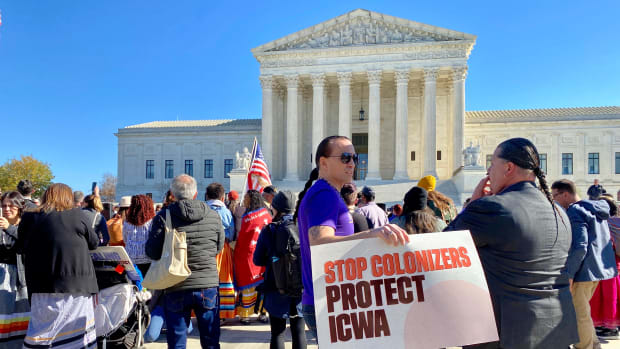 The U.S. Supreme Court heard oral arguments Wednesday, Nov. 9, 2022, in Haaland v. Brackeen, a case that will decide if the ICWA is constitutional. Outside, ICWA supporters were on site in numbers. (Jourdan Bennett-Begaye, ICT)