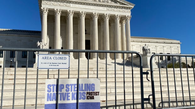 Indian Child Welfare Act (ICWA) sign outside the U.S. Supreme Court during Haaland v. Brackeen oral arguments in Washington, D.C., on November 9, 2022. (Photo by ICT)