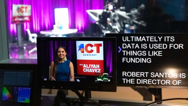 A behind the scene look at a special newscast broadcast from San Bernardino, California on Election Day, Nov. 8, 2022. (Eugene Tapahe, for ICT) Aliyah Chavez