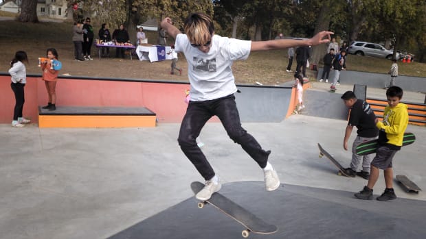 John Sherman Jr., known by everyone on the Omaha Reservation as Junior, skates after the official grand opening of the Walthill Skate Park on Oct. 15. Sherman, 15, is known as the best skateboarder in Walthill. He’s also teaching other kids on the reservation some skateboarding basics. Photo by Jerry Mennenga for the Flatwater Free Press