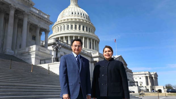 Pictured: Cherokee Nation Principal Chief Chuck Hoskin Jr. and Cherokee Nation Delegate to Congress Kim Teehee standing in front of the United States Capitol in Washington D.C.