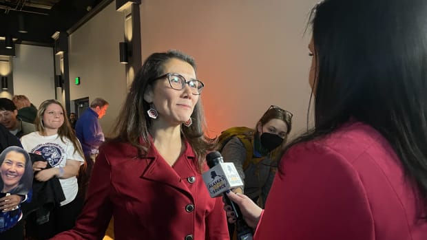U.S. Rep. Mary Peltola being interviewed at an election night watch party held in Anchorage, Alaska, Nov. 8, 2022 (Photo by Joaqlin Estus, ICT).
