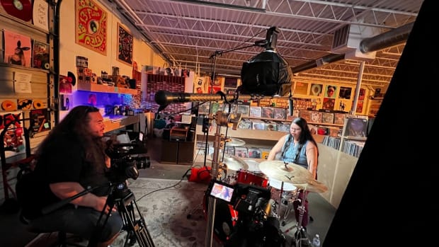 Cherokee drummer Makayla Bearpaw, right, is featured in Season 8 of the Cherokee Nation's award-winning programming, "Osiyo, Voices of the Cherokee People." The tribe announced in 2023 that it is expanding its film and television business to include additional original projects. Bearpaw is shown here with Cherokee Film production specialist Colby Luper. (Photo courtesy Cherokee Nation)