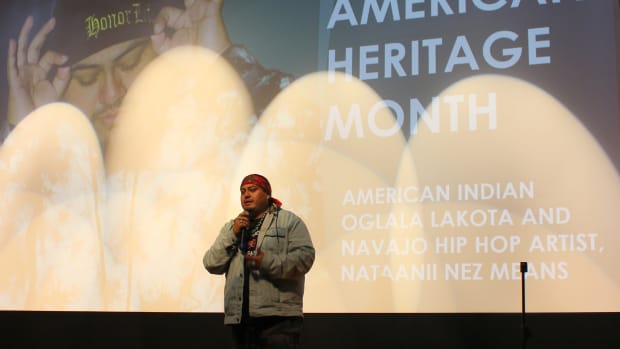 Oglala Lakota, Omaha and Navajo hip-hop artist Nataanii Means shared his experiences at Standing Rock and performed his songs for students and professors at Norfolk State University. (Photo Vincent Schilling, Indian Country Today)