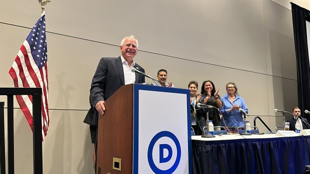 Minnesota Gov. Tim Walz, running mate to Vice President Kamala Harris, addressed the Native American Caucus on Monday, August 19, 2024, at the Democratic National Convention in Chicago. (Photo by Pauly Denetclaw, ICT)