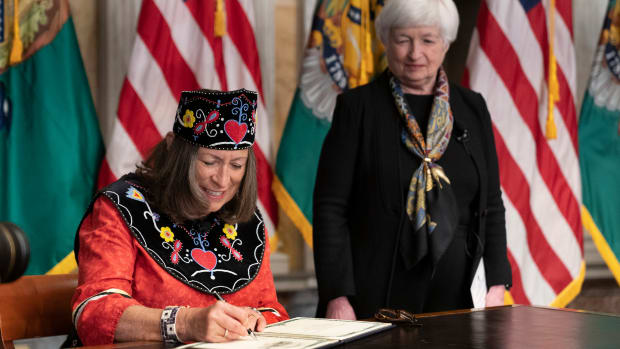 Secretary of the Treasury Janet Yellen watches as the new Treasurer of the United States Lynn Malerba's signature is collected to be used for the United States currency during a ceremony at the Treasury Department, Monday, Sept. 12, 2022 in Washington. Malerba becomes the first Native American to serve as Treasurer of the United States. (AP Photo/Manuel Balce Ceneta)