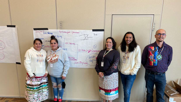 The Red Lake Nation College language team won the inaugural Epiitendaagwak Ojibwemowin Quiz Bowl for students with less than two years of Ojibwe classes at the Meshkwadoonigeng Tribal College Student Competition held April 21-22, 2022, in Bemidji, Minnesota. Shown are team members, from left, Fawn Beaulieu and her twin sister, Dawn Beaulieu; Rebecca Pederson; Mitch Johnson Jr.; and Lucas Bratvold, Ojibwe, a Red Lake Nation College instructor who served as the team coach. (Photo by Dan Ninham for Indian Country Today)