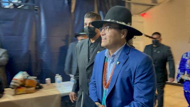 Navajo president Buu Nygren makes his way to the main stage at the Navajo Nation Inauguration on Jan. 10, 2023 at the Bee Hółdzil Fighting Scouts Events Center in Fort Defiance, Arizona. (Pauly Denetclaw, ICT)