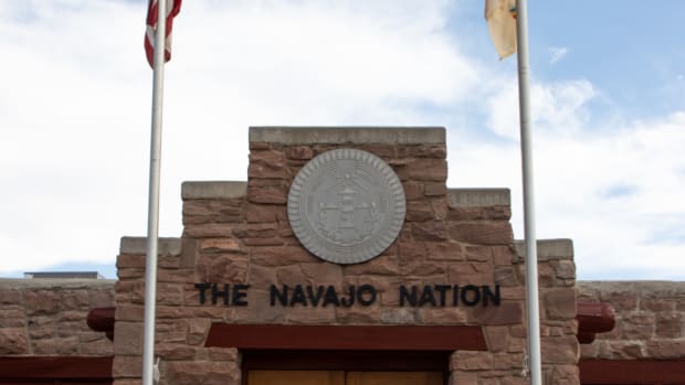 The entrance to the Navajo Nation president’s office in Window Rock, Ariz. Alice Watchman said she appealed to President Jonathan Nez after Navajo police refused to issue an Amber Alert when her granddaughter was kidnapped by her father, a non-custodial parent and convicted child rapist. (Rylee Kirk / Howard Center for Investigative Journalism)