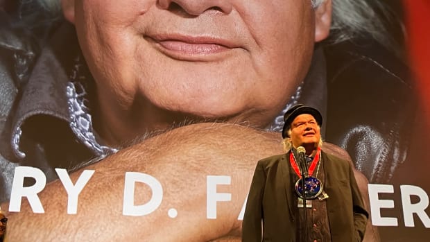 Gary Farmer, Cayuga from the Six Nations of Grand River, received the August Schellenberg Award for Excellence in recognition of a career that has spread over four decades at the imagineNATIVE Film + Media Arts Festival in Toronto in October 2022. (Photo by Miles Morrisseau, ICT)