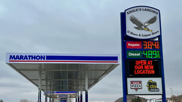 The Three Affiliated Tribes operates a gas station, shown here on March 29, 2022, bearing signage of Houston-based Marathon Oil. The company considers the Bakken shale in North Dakota one of its top four competitive oil plays in the United States. (Photo by Jodi Rave Spotted Bear/Buffalo's Fire)