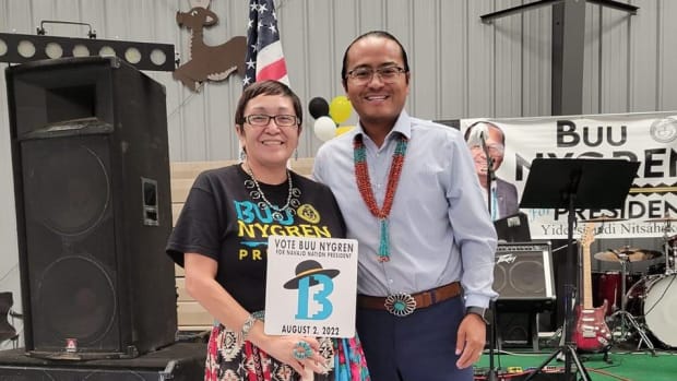 Torreon Chapter President, Richelle Montoya Chee, stands next to Navajo Nation presidential candidate Buu Nygren in June 2022. (Photo courtesy of Richelle Montoya Chee via Facebook)
