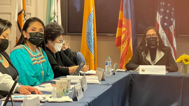 Interior Secretary Deb Haaland at a meeting with Inter Tribal Council of Arizona tribal leaders. (Photo courtesy of Terry Rambler Chairman of the San Carlos Apache Tribe)