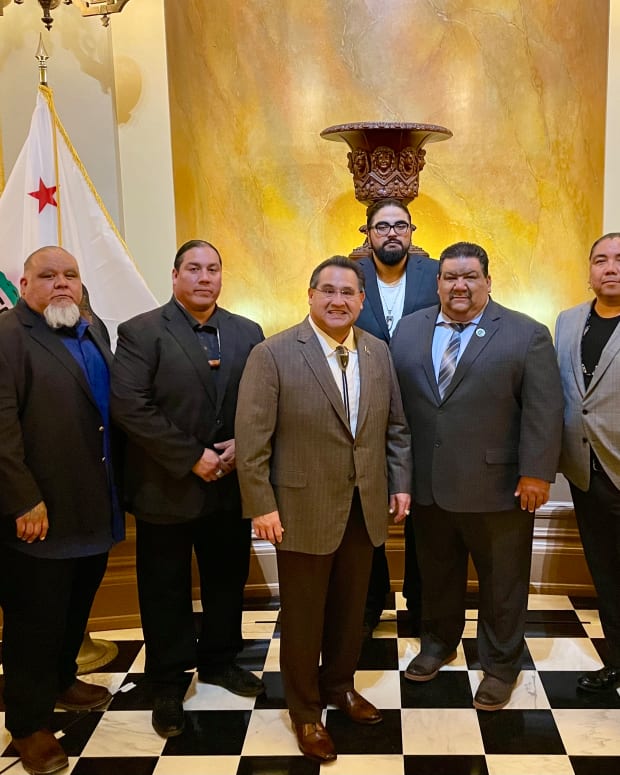 Assemblymember James Ramos (center) is the first California Native American named as Assembly Rules chair. An event to celebrate it was on Wednesday, Jan. 25, 2023. (Photo by Paris Wise, ICT)
