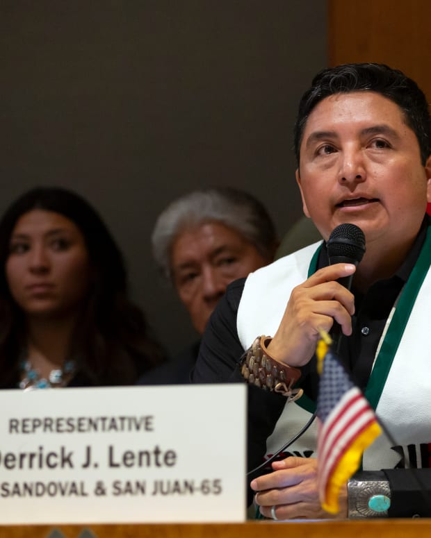 New Mexico State Rep. Derrick Lente, D-Sandia Pueblo, speaks during the opening day of an annual legislative session in the House of Representatives in Santa Fe, N.M., on Jan. 17, 2023. Native American leaders say creating a special $50 million trust fund to help finance educational programs within New Mexico's tribal communities would help improve student outcomes. Rep. Lente, one of the bill's sponsors, said the trust fund would be established with a one-time allotment of state money. (AP Photo/Andres Leighton, File)
