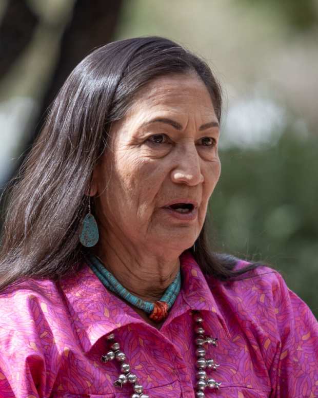 U.S. Secretary of the Interior Deb Haaland speaks at the Bureau of Indian Affairs Southwest Regional Office in Albuquerque, New Mexico, on Sunday, June 11, 2023, during an event to celebrate a public lands order banning new oil, gas and mining leases near Chaco Canyon. (Liam DeBonis for Source NM)