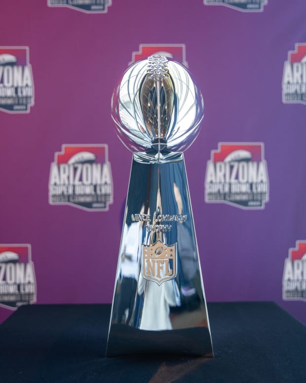 The Vince Lombardi Trophy, awarded each year to the Super Bowl winner, made a special appearance in Tempe Monday during a press conference for the February game in Glendale. (Photo by Susan Wong/Cronkite News)